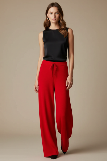 Pantalon Fluide Rouge Maille Large Confortable Femme