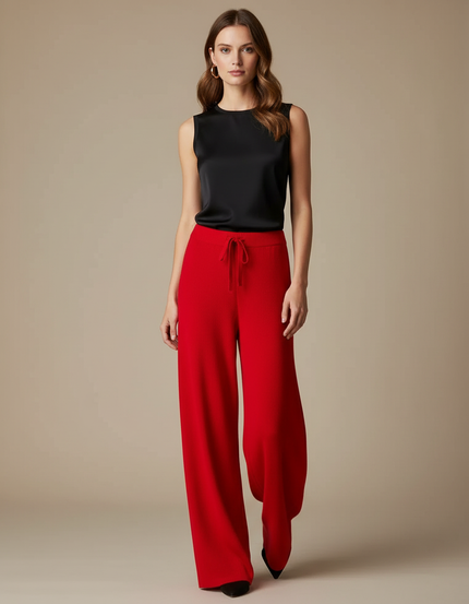 Pantalon Fluide Rouge Maille Large Confortable Femme