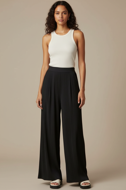 Pantalon Fluide Noir Plissé Ample Confortable Chic - Polyester