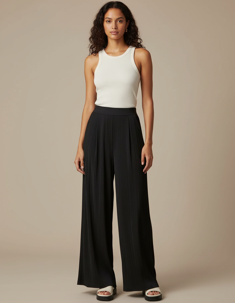 Pantalon Fluide Noir Plissé Ample Confortable Chic - Polyester