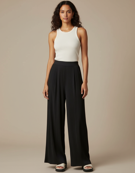 Pantalon Fluide Noir Plissé Ample Confortable Chic - Polyester
