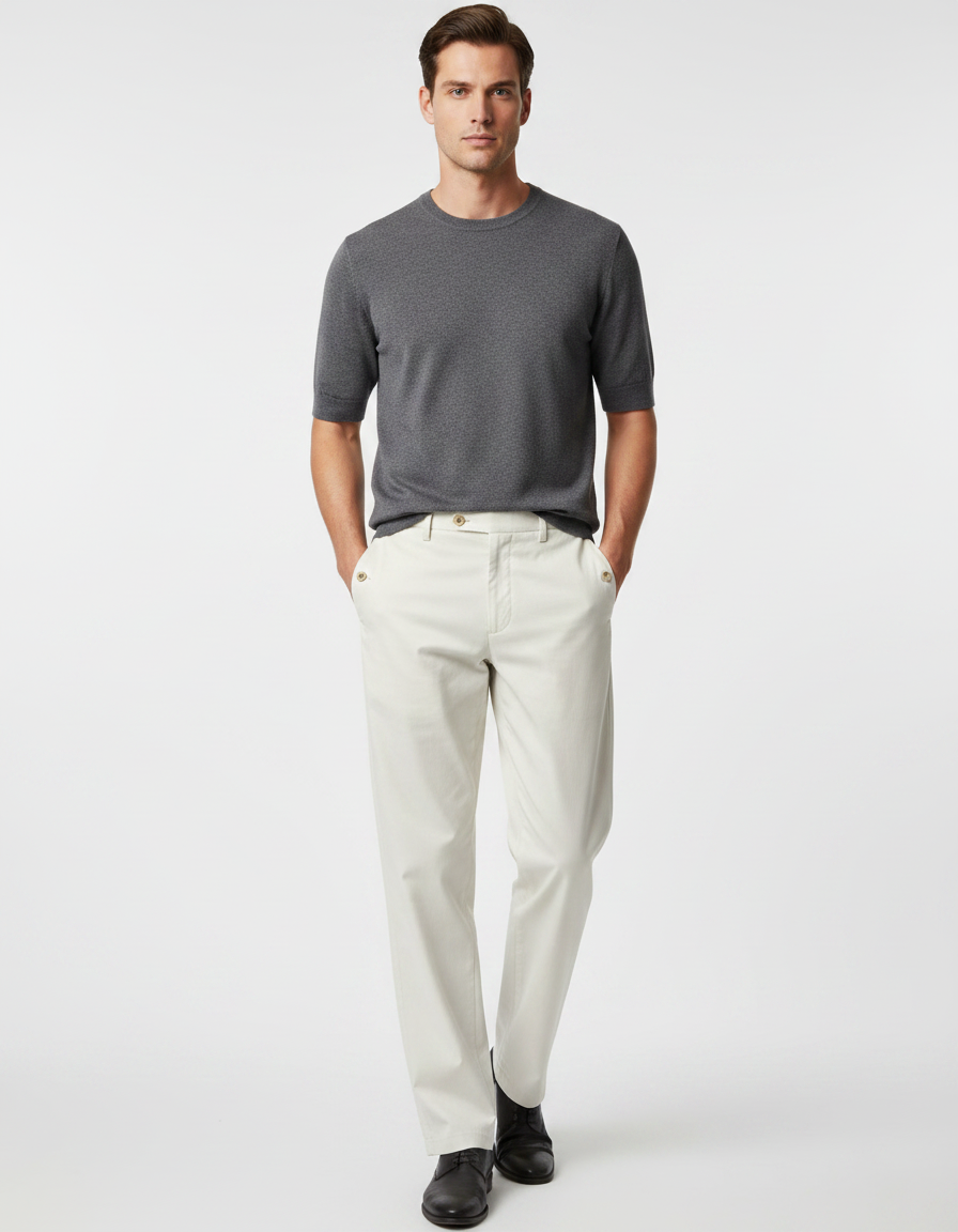 Pantalon Fluide Écru Coton Droit Élégant Homme - Blanc