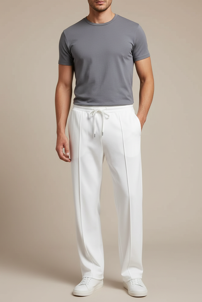 Pantalon Fluide Blanc Droit Décontracté Cordon Homme - Polyester