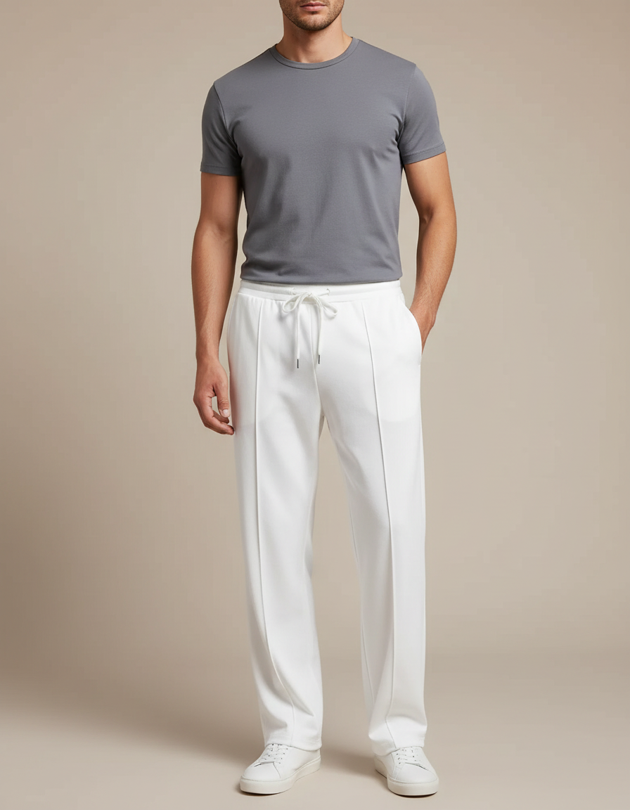 Pantalon Fluide Blanc Droit Décontracté Cordon Homme - Polyester