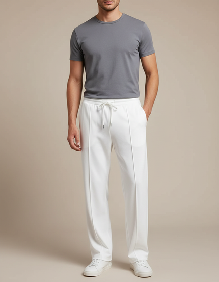Pantalon Fluide Blanc Droit Décontracté Cordon Homme - Polyester
