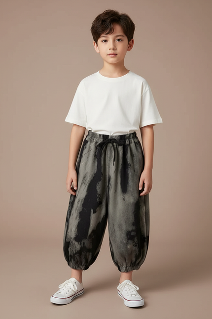 Pantalon Fluide Tie-Dye Ample Décontracté Enfant Unisexe - Kaki Molleton