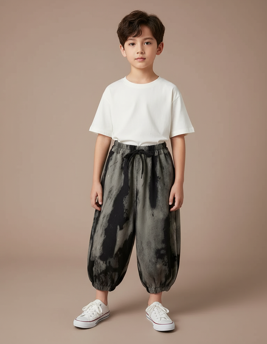 Pantalon Fluide Tie-Dye Ample Décontracté Enfant Unisexe - Kaki Molleton