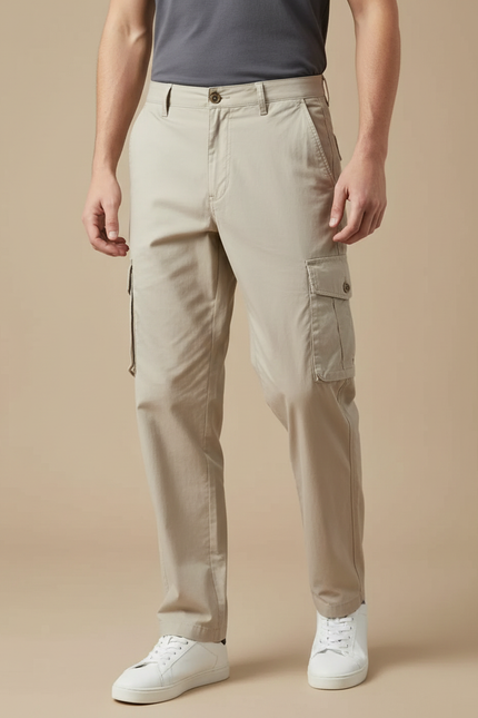 Pantalon Fluide Cargo Homme Coton Beige Décontracté