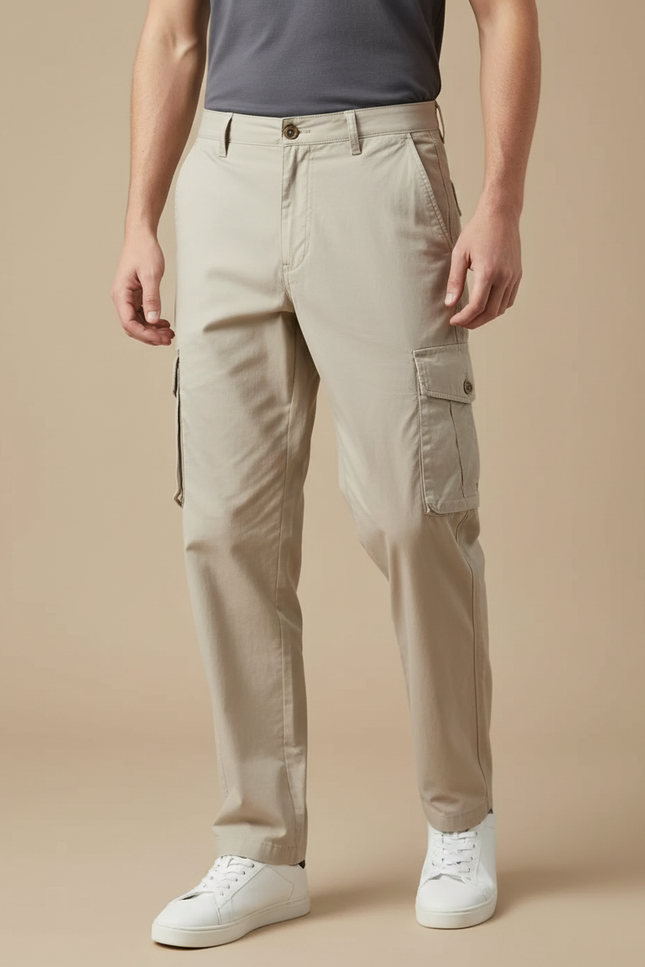 Pantalon Fluide Cargo Homme Coton Beige Décontracté