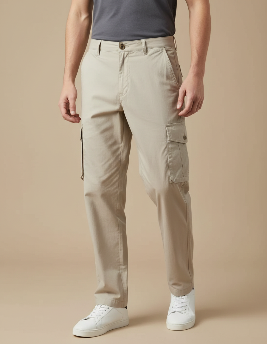 Pantalon Fluide Cargo Homme Coton Beige Décontracté