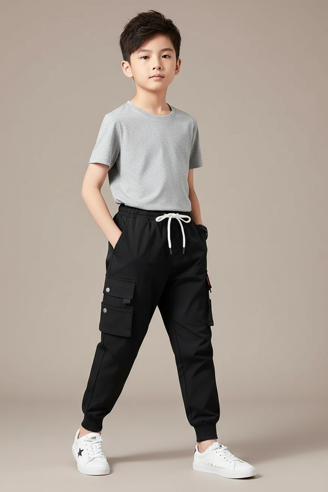 Pantalon Fluide Noir Cargo Multi-Poches Garçon - Polyester