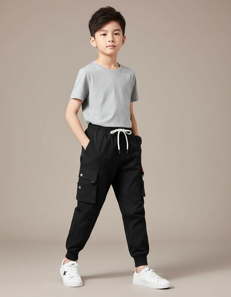 Pantalon Fluide Noir Cargo Multi-Poches Garçon - Polyester