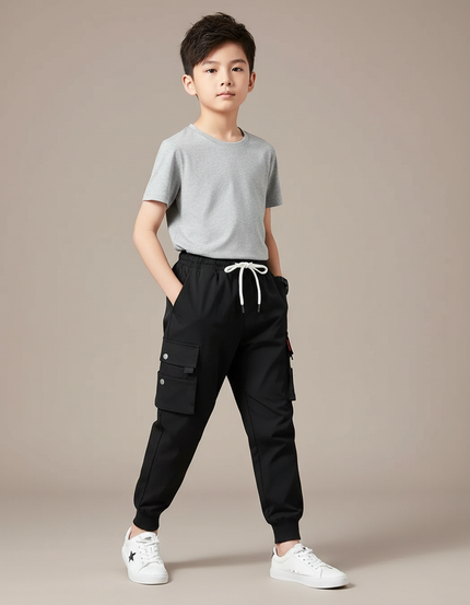 Pantalon Fluide Noir Cargo Multi-Poches Garçon - Polyester