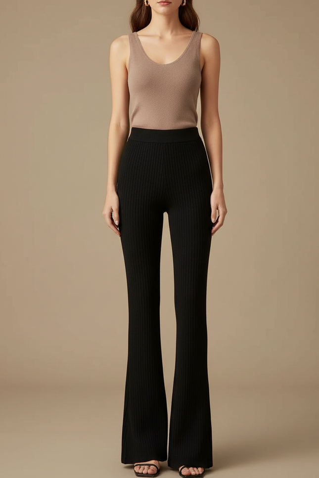 Pantalon Fluide Noir Côtelé Évasé Taille Haute Élégant - Maille