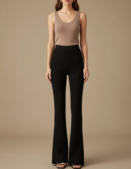 Pantalon Fluide Noir Côtelé Évasé Taille Haute Élégant - Maille