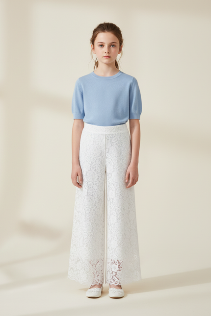Pantalon Fluide Dentelle Blanc Ample Fille Élégant - Maille