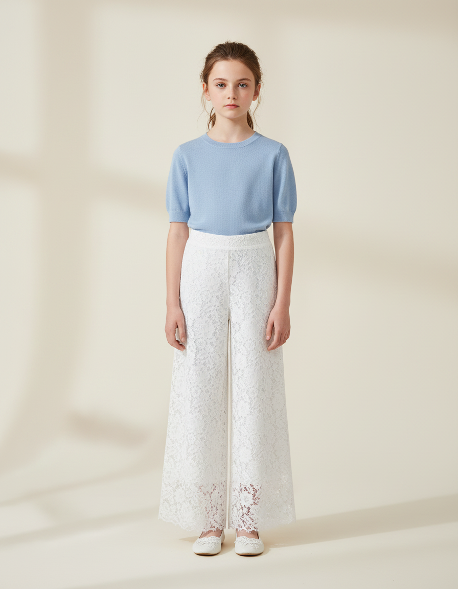 Pantalon Fluide Dentelle Blanc Ample Fille Élégant - Maille