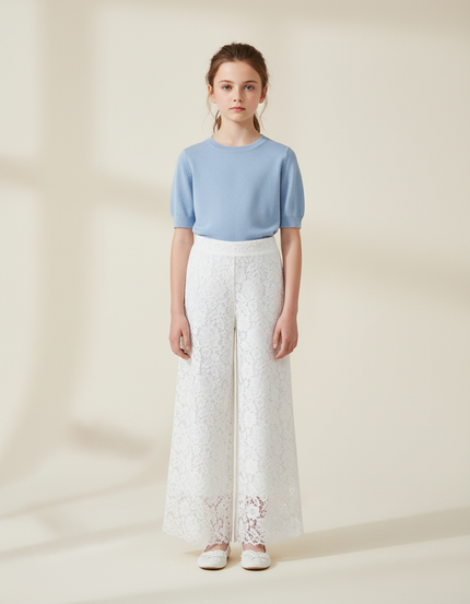Pantalon Fluide Dentelle Blanc Ample Fille Élégant - Maille