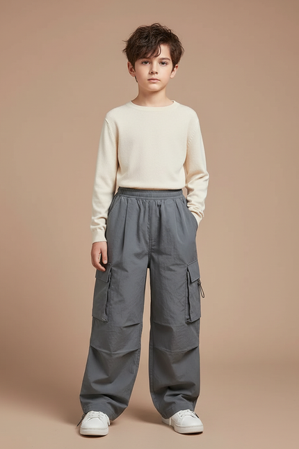 Pantalon Fluide Cargo Gris Ample Enfant Streetwear - Polyester