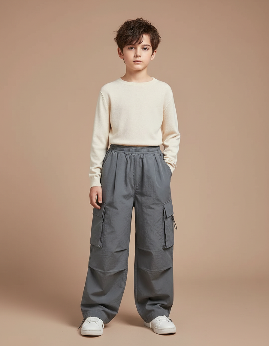 Pantalon Fluide Cargo Gris Ample Enfant Streetwear - Polyester
