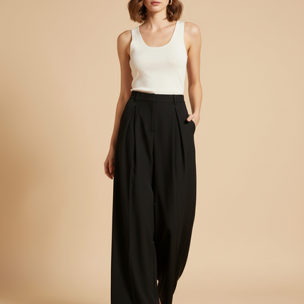 Pantalon Fluide Noir Ample Plissé Chic Élégant - Viscose