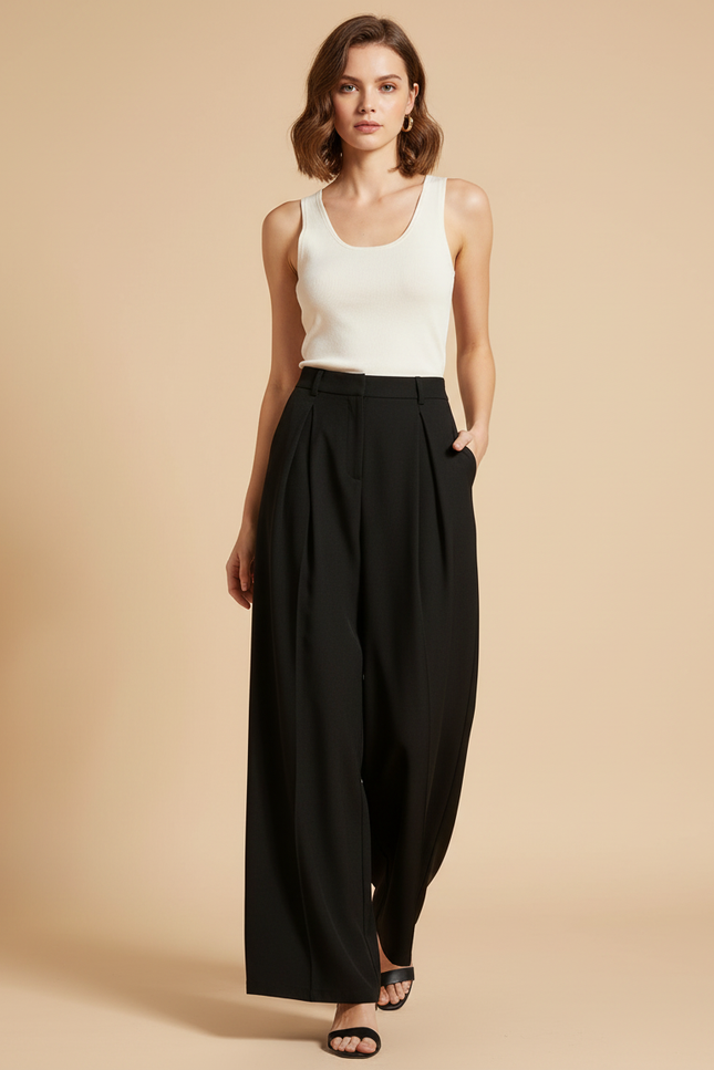 Pantalon Fluide Noir Ample Plissé Chic Élégant - Viscose