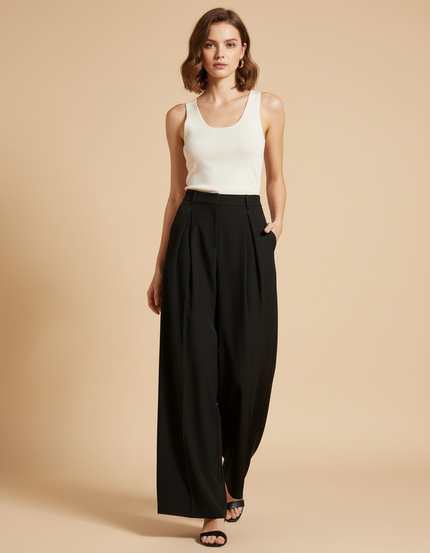 Pantalon Fluide Noir Ample Plissé Chic Élégant - Viscose