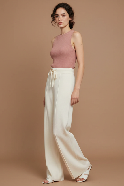 Pantalon Fluide Écru Maille Cordon Ample Femme - Beige