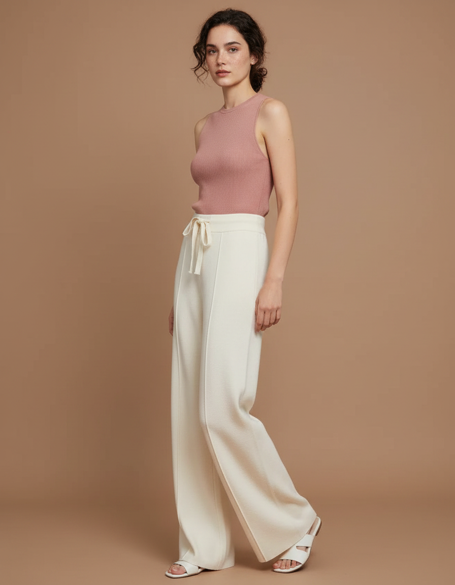 Pantalon Fluide Écru Maille Cordon Ample Femme - Beige