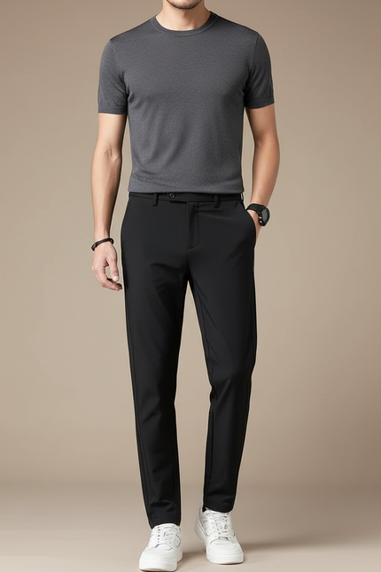 Pantalon Fluide Homme Noir Élégant Décontracté Slim Respirant - Polyester