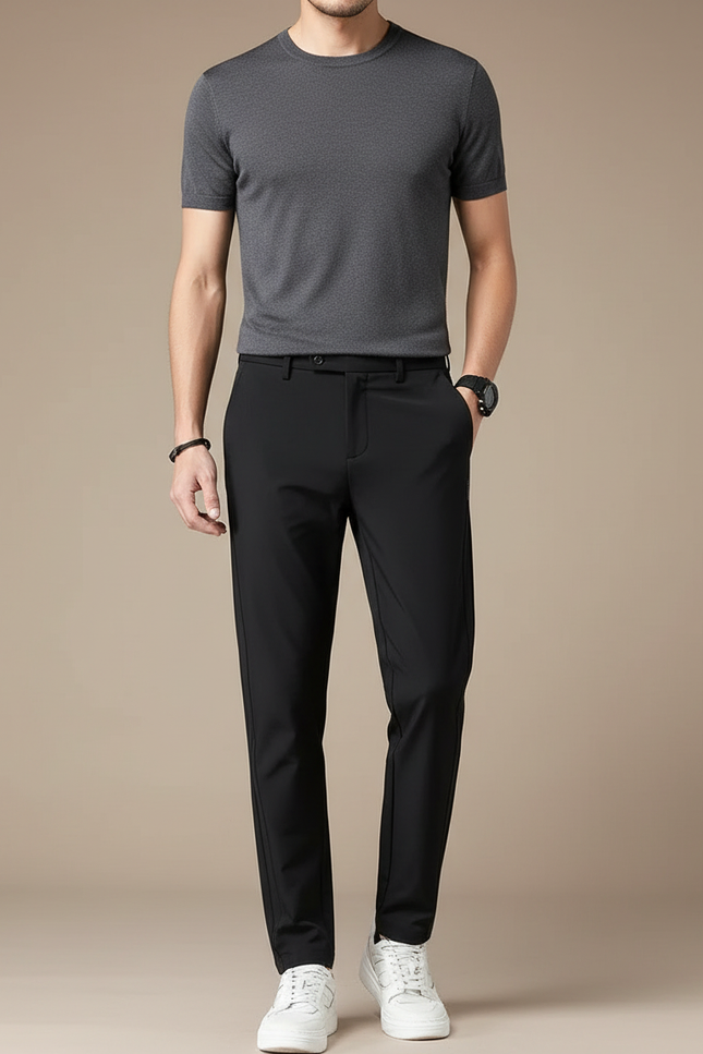 Pantalon Fluide Homme Noir Élégant Décontracté Slim Respirant - Polyester