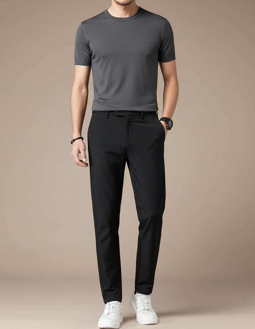 Pantalon Fluide Homme Noir Élégant Décontracté Slim Respirant - Polyester