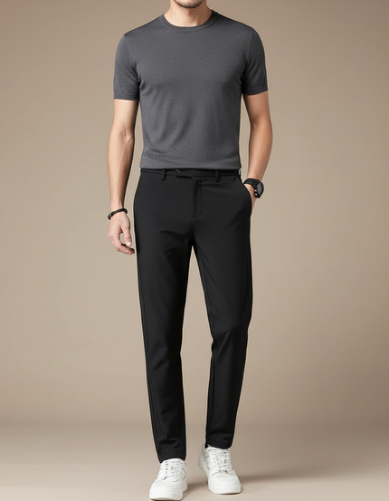 Pantalon Fluide Homme Noir Élégant Décontracté Slim Respirant - Polyester