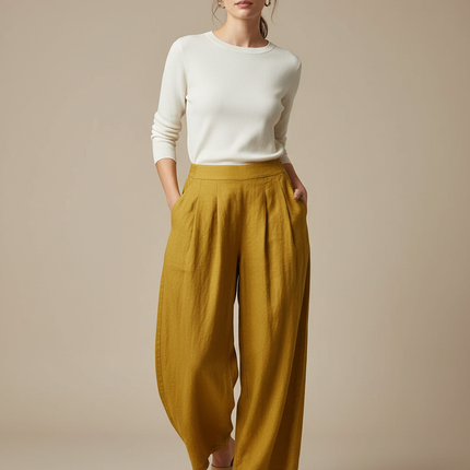 Pantalon Fluide Jaune Moutarde Ample Plissé Lin Confortable