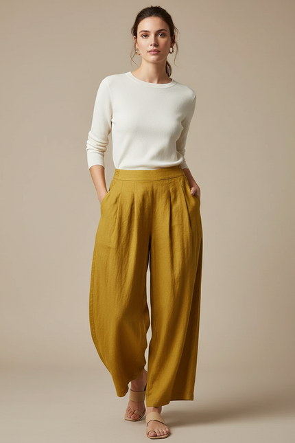 Pantalon Fluide Jaune Moutarde Ample Plissé Lin Confortable