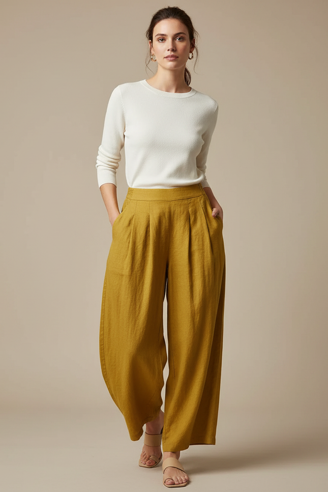 Pantalon Fluide Jaune Moutarde Ample Plissé Lin Confortable