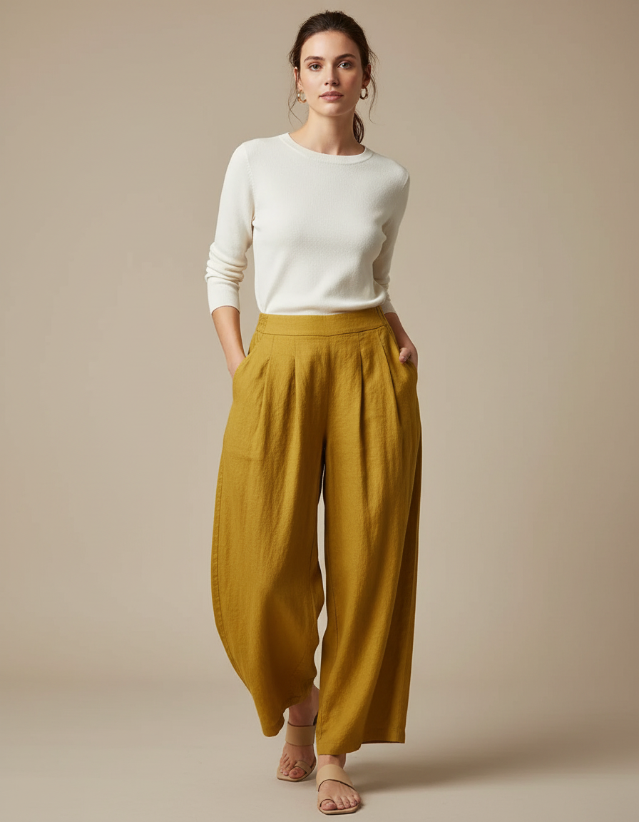 Pantalon Fluide Jaune Moutarde Ample Plissé Lin Confortable