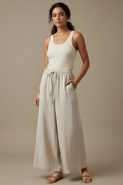 Pantalon Fluide Lin Ample Beige Taille Haute Décontracté