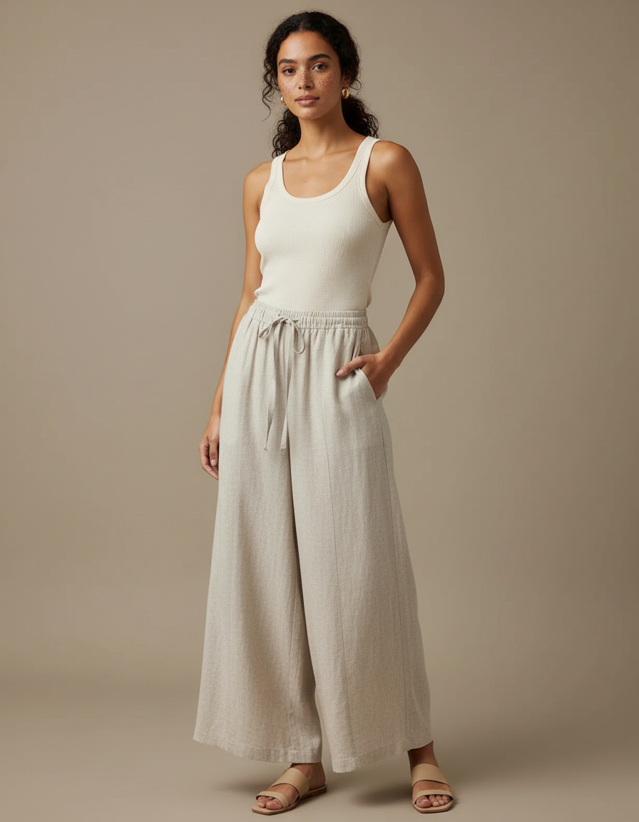 Pantalon Fluide Lin Ample Beige Taille Haute Décontracté