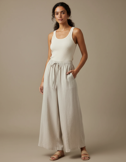 Pantalon Fluide Lin Ample Beige Taille Haute Décontracté