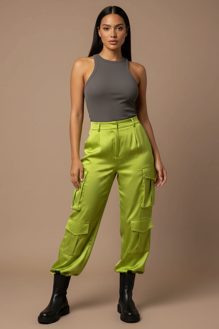 Pantalon Fluide Vert Citron Satiné Cargo Femme