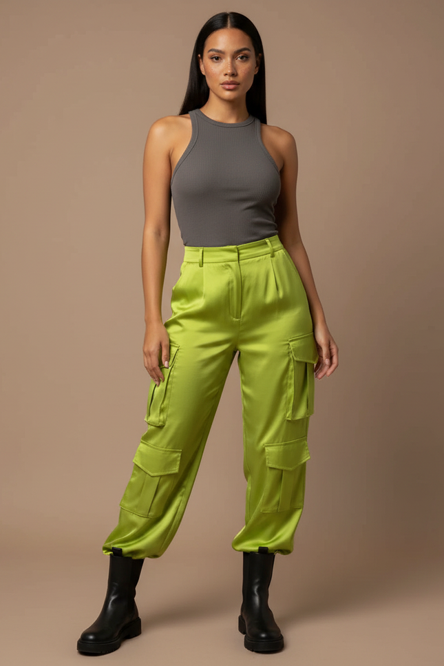 Pantalon Fluide Vert Citron Satiné Cargo Femme