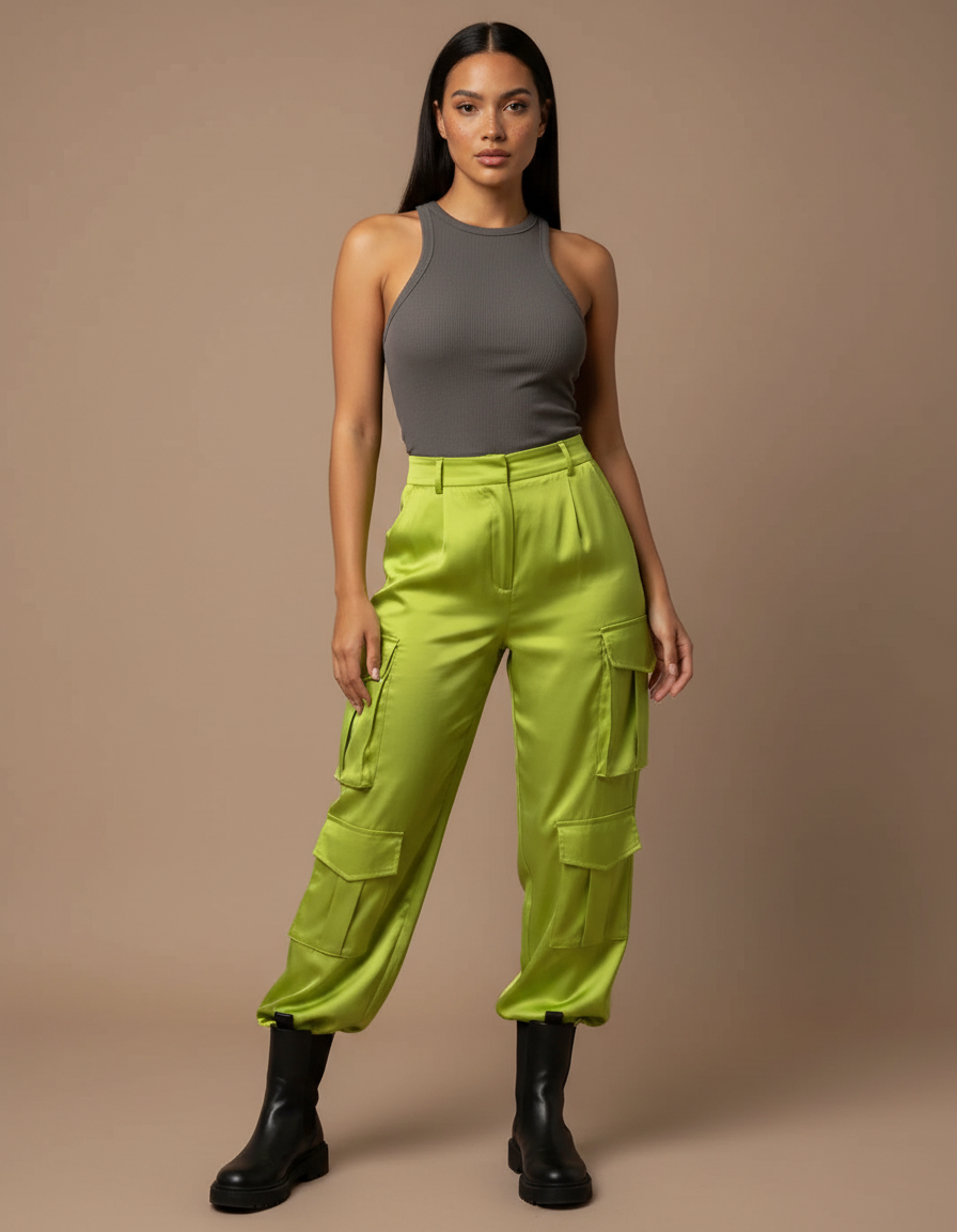 Pantalon Fluide Vert Citron Satiné Cargo Femme