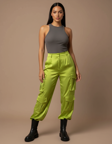 Pantalon Fluide Vert Citron Satiné Cargo Femme