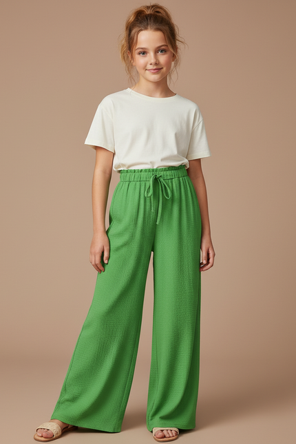 Pantalon Fluide Vert Ample Cordon Décontracté Fille - Coton