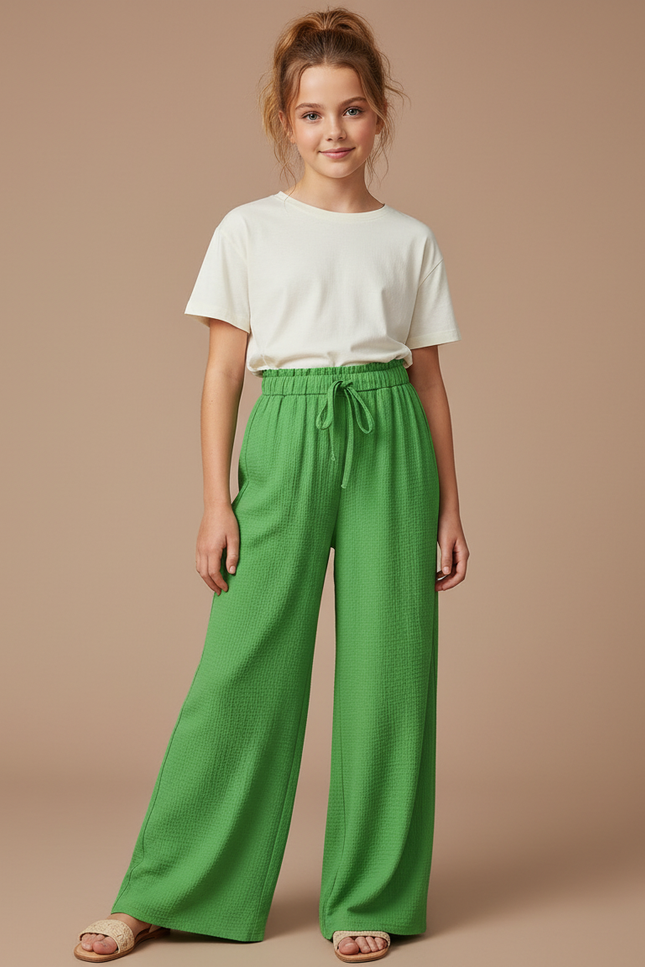 Pantalon Fluide Vert Ample Cordon Décontracté Fille - Coton