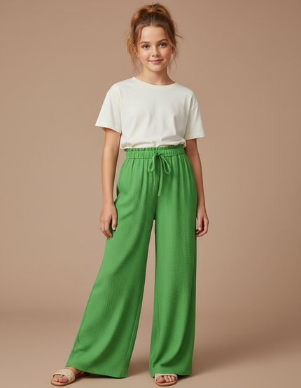 Pantalon Fluide Vert Ample Cordon Décontracté Fille - Coton