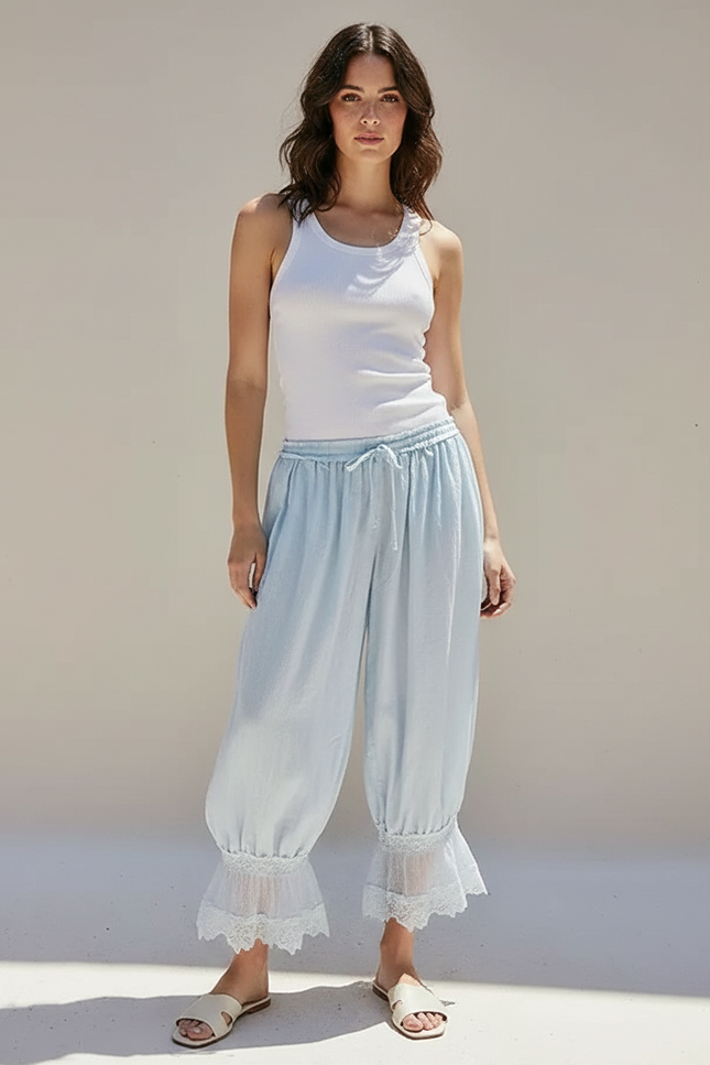 Pantalon Fluide Bleu Ciel Ample Dentelle Bohème Femme - Lin