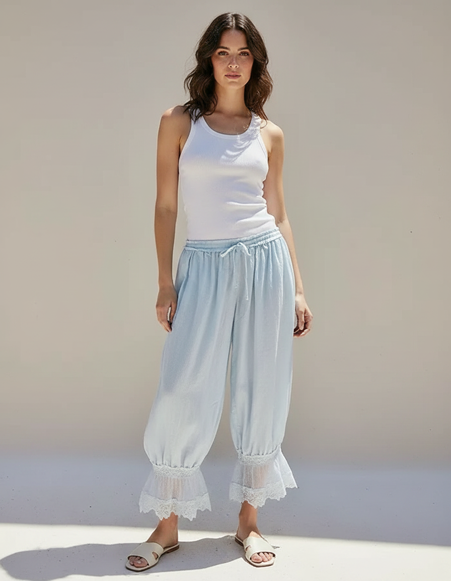 Pantalon Fluide Bleu Ciel Ample Dentelle Bohème Femme - Lin