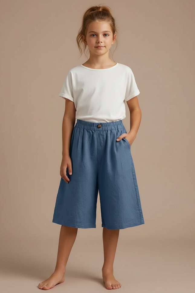 Pantalon Fluide Bleu Coton Lin Ample Décontracté Enfant